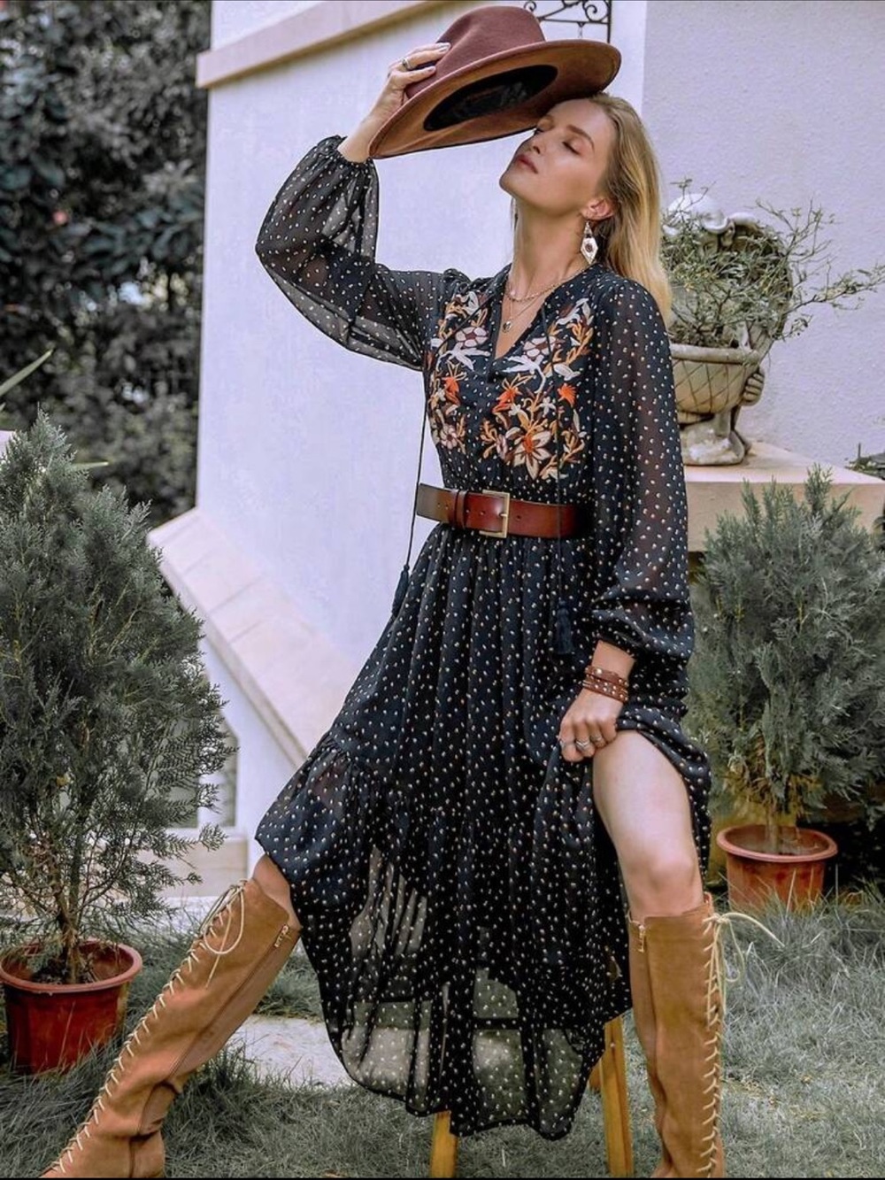 Boho Floral Embroidered Black Midi-Maxi Dress Western Plus 3x NWT Rusttydustty